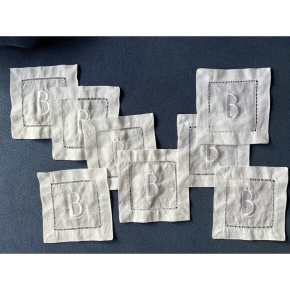Set 8 Embroidered "B” Monogrammed White Cocktail Napkin Hemstitch Linen & Cotton - Picture 5 of 5